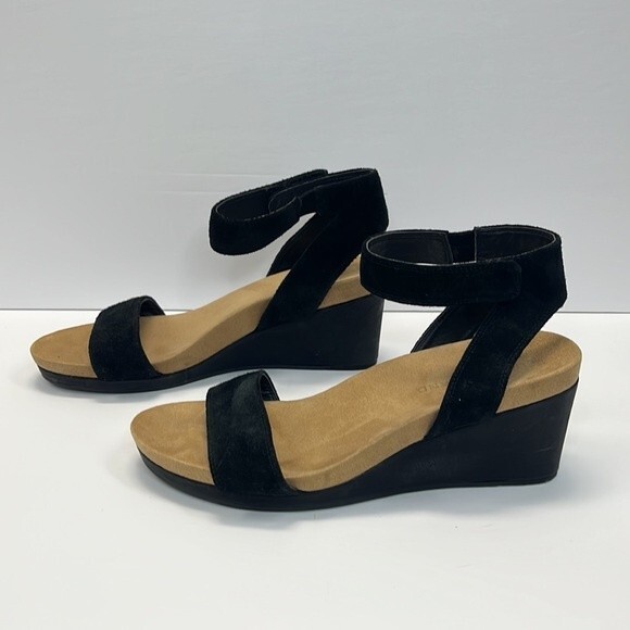 Lucky Brand Kanoa Sandals 7.5 Womens Black Tan Wedge Strappy Leather Open Toe - Picture 9 of 15